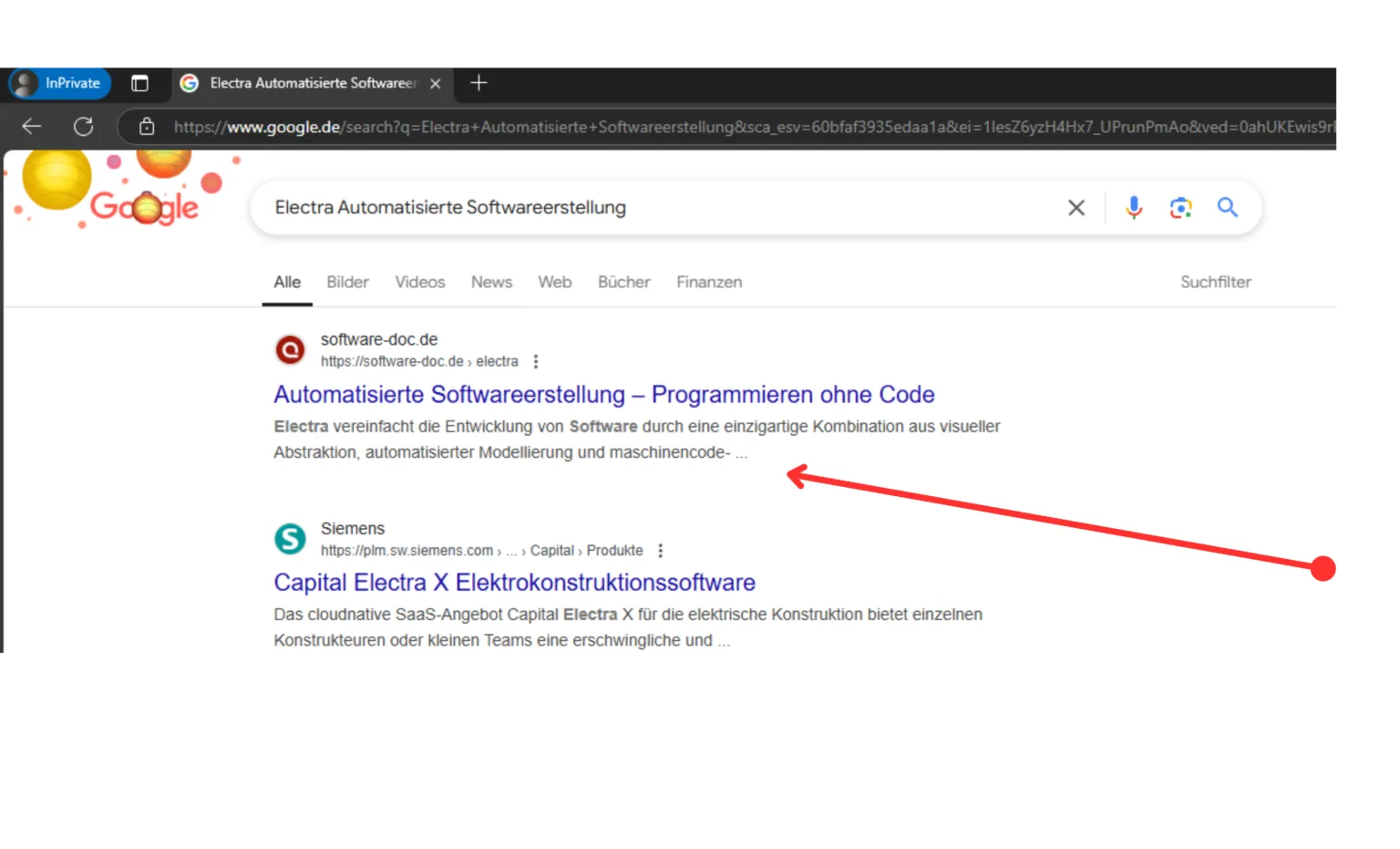 Google-Suchergebnis mit hervorgehobenem Text und rotem Pfeil als Markierung.